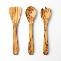 Olive Wood Kitchen Utensil Set 30cm - Spatula, Spoon & Salad Fork