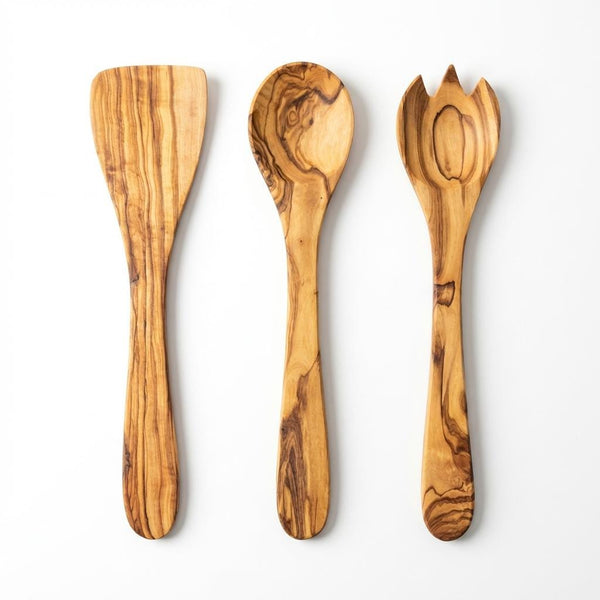 Olive Wood Kitchen Utensil Set 30cm - Spatula, Spoon & Salad Fork
